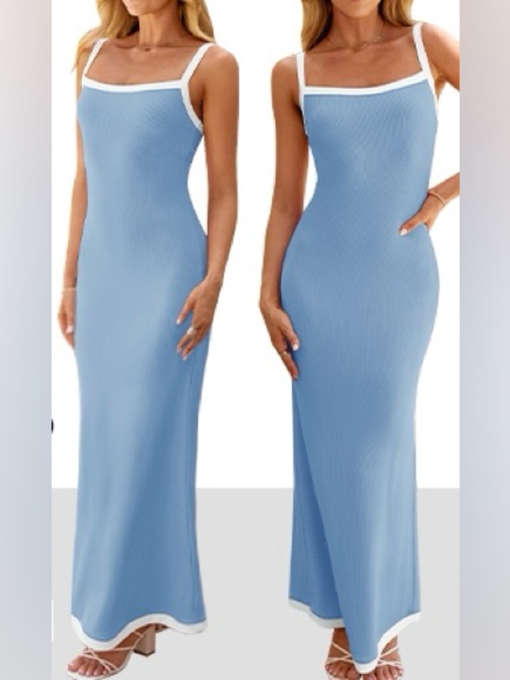 Elegant Light Blue Maxi Dress with White Trim
